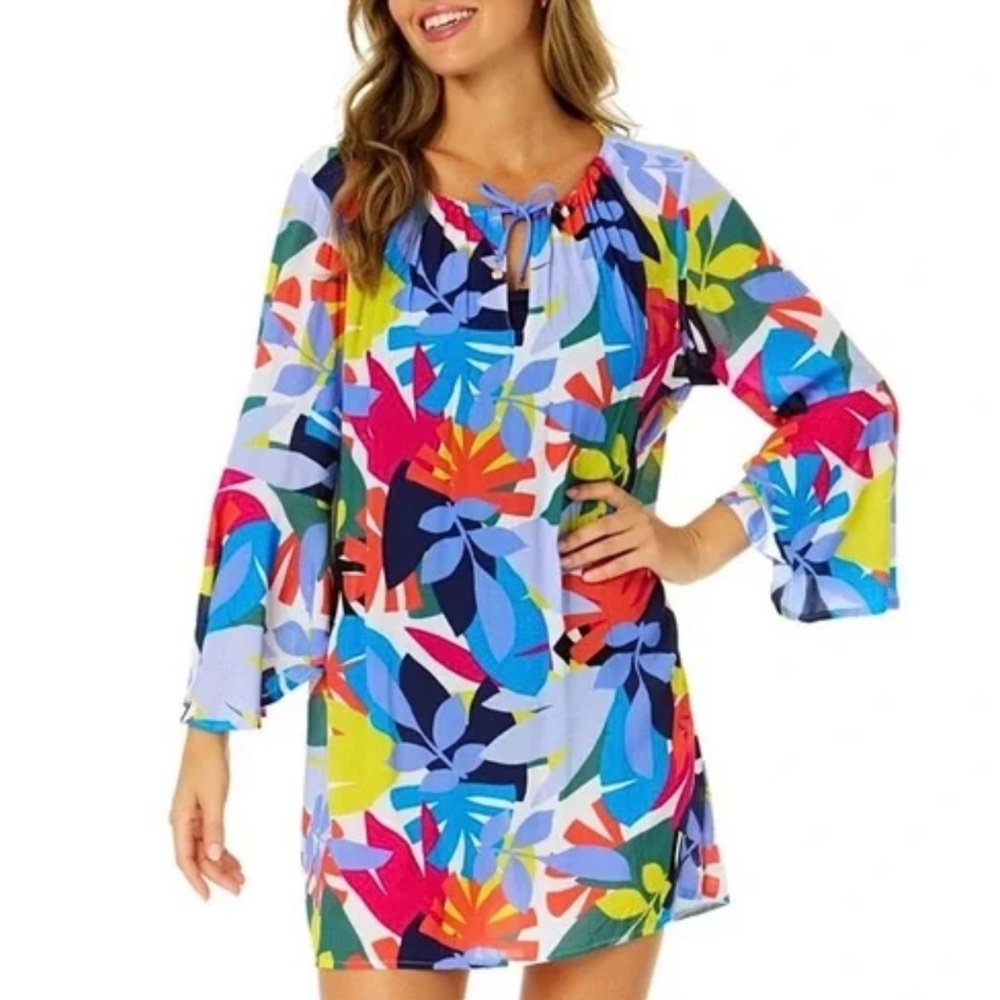 Anne Cole Colorful Tropical Floral Swimsuit Cover Up Dress Tunic Mini XS/S